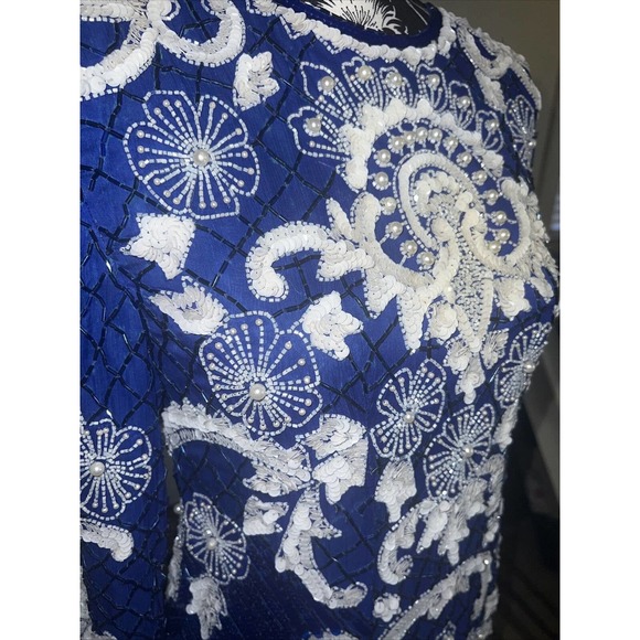 vtg Eves Allure Dress Blue Silk Sequins Beaded 90s Formal small gorgeous - Picture 4 of 10